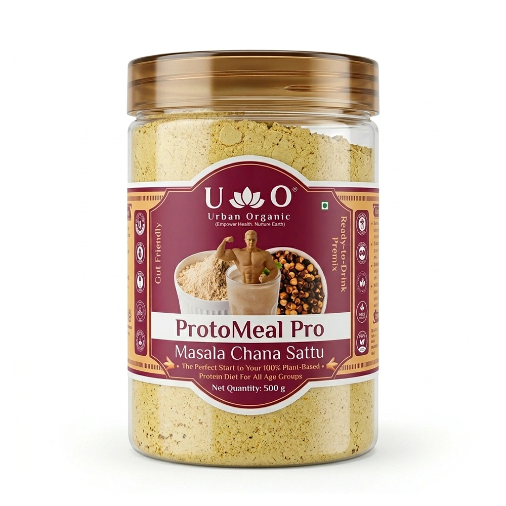 Urban Organic ProtoMeal Pro Masala Chana Sattu 500g jar, a gut-friendly and ready-to-drink plant-based protein mix