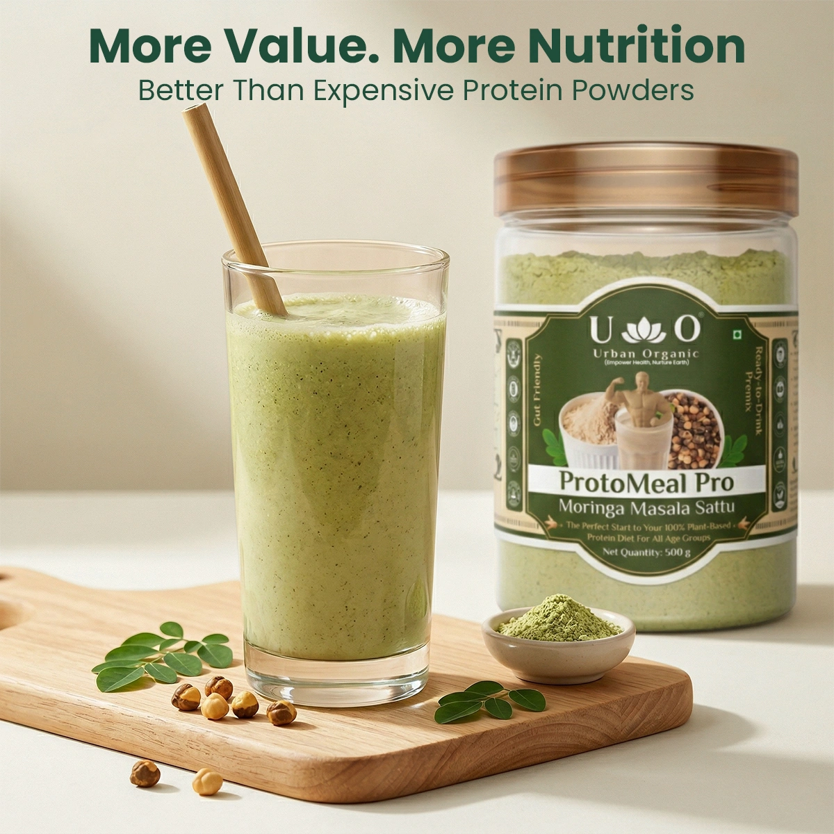 Glass of Urban Organic Moringa Masala Sattu showing it as a high-value alternative to expensive protein powders