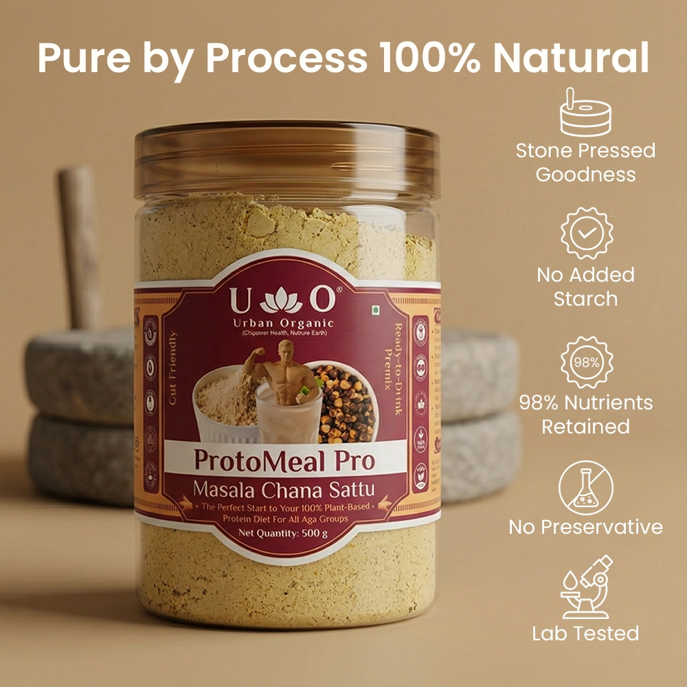 Urban Organic Masala Chana Sattu highlighting traditional stone pressed processing and zero preservatives