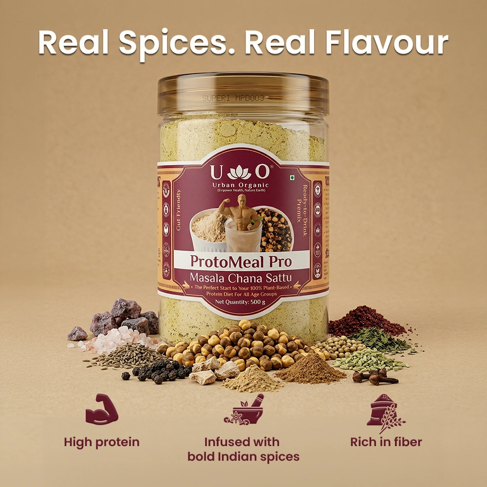 Urban Organic Masala Chana Sattu jar surrounded by premium raw Indian spices and roasted chickpeas