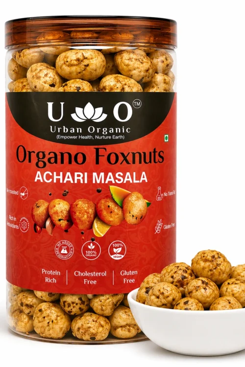 Organo Foxnuts Achari Masala Roasted Makhana 80g | Pickle Flavor Foxnuts | Healthy Masala Makhana Indian Snack | Low Calorie & Protein Rich | Gluten Free Snack India