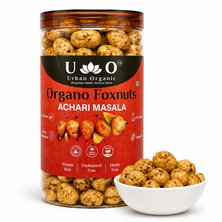 Organo Foxnuts Achari Masala Roasted Makhana 80g | Pickle Flavor Foxnuts | Healthy Masala Makhana Indian Snack | Low Calorie & Protein Rich | Gluten Free Snack India