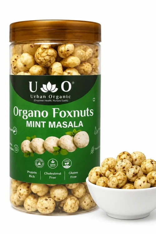 Organo Foxnuts Mint Masala Roasted Makhana 80g | Pudina Foxnuts Healthy Snack Jar | Low Calorie Diet Snack India