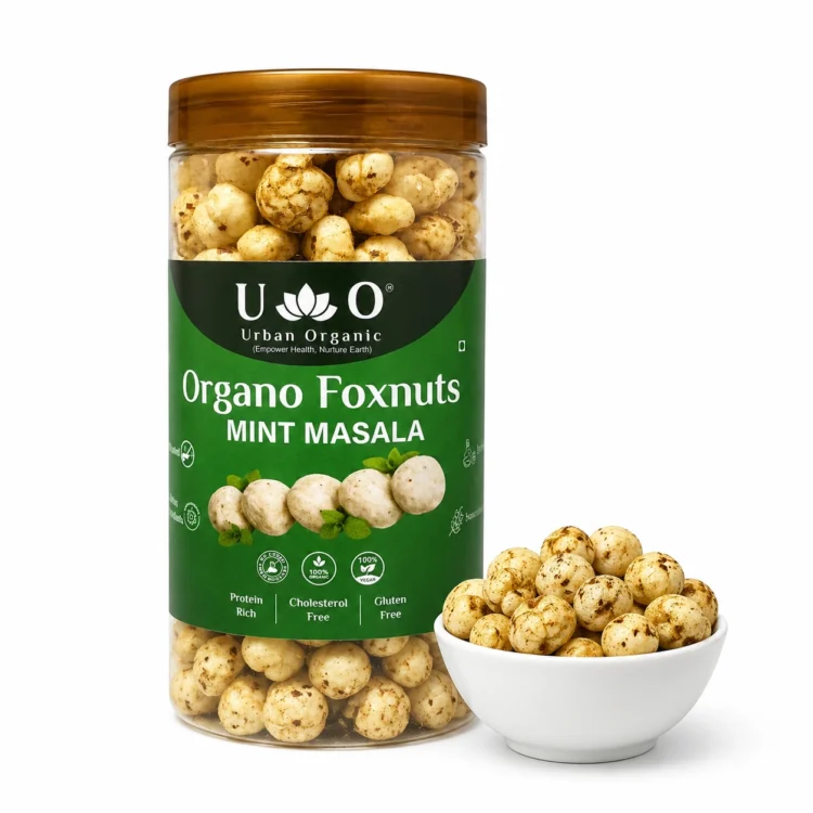 Organo Foxnuts Mint Masala Roasted Makhana 80g | Pudina Foxnuts Healthy Snack Jar | Low Calorie Diet Snack India