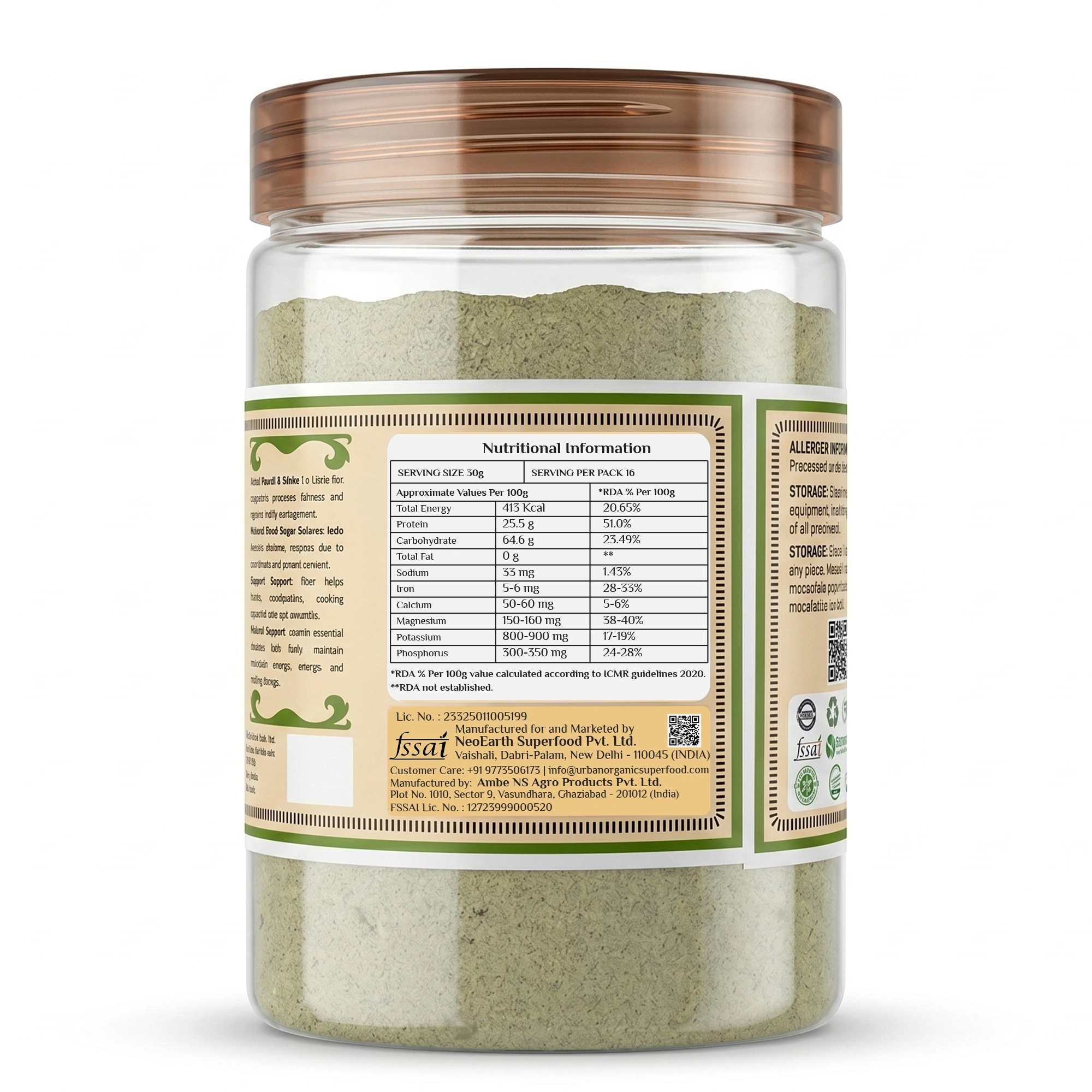 Back label of Urban Organic Pudina Chana Sattu showing detailed nutritional facts and FSSAI certification