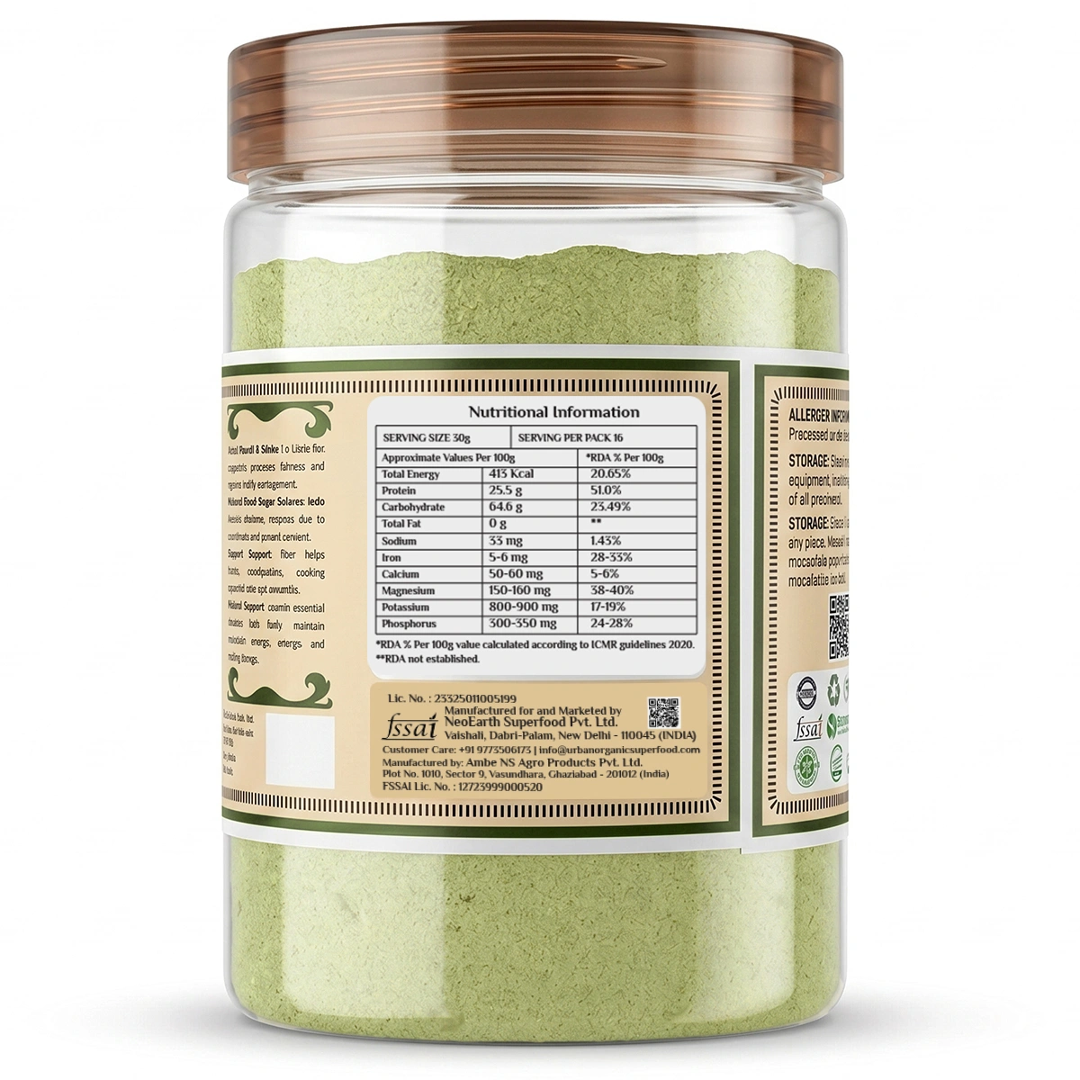 Back label of Urban Organic Moringa Masala Sattu showing detailed nutritional information and FSSAI certification
