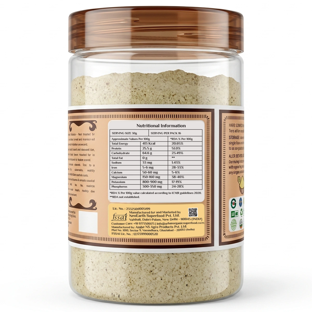 Back label of Urban Organic Jeera Chana Sattu showing nutritional information and high protein content