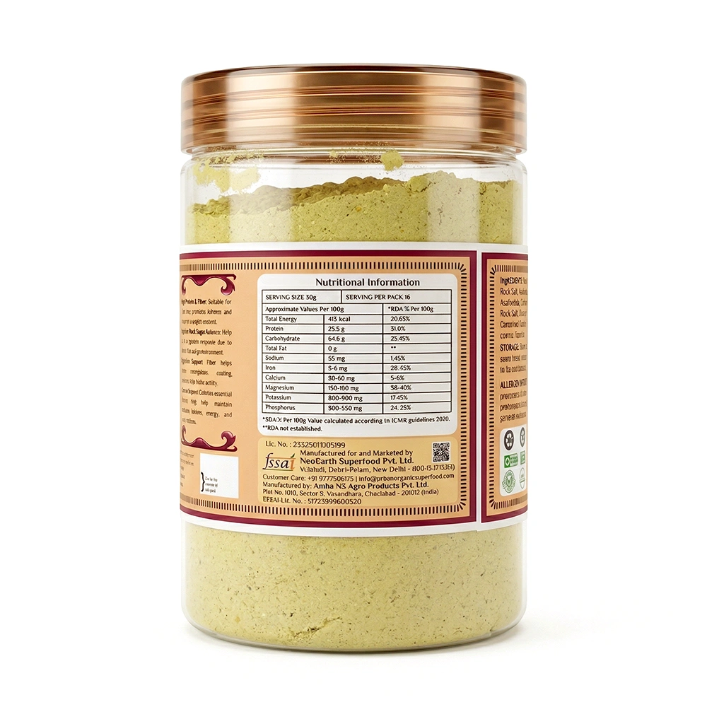 Back label of Urban Organic Masala Chana Sattu showing nutritional information and full ingredient list