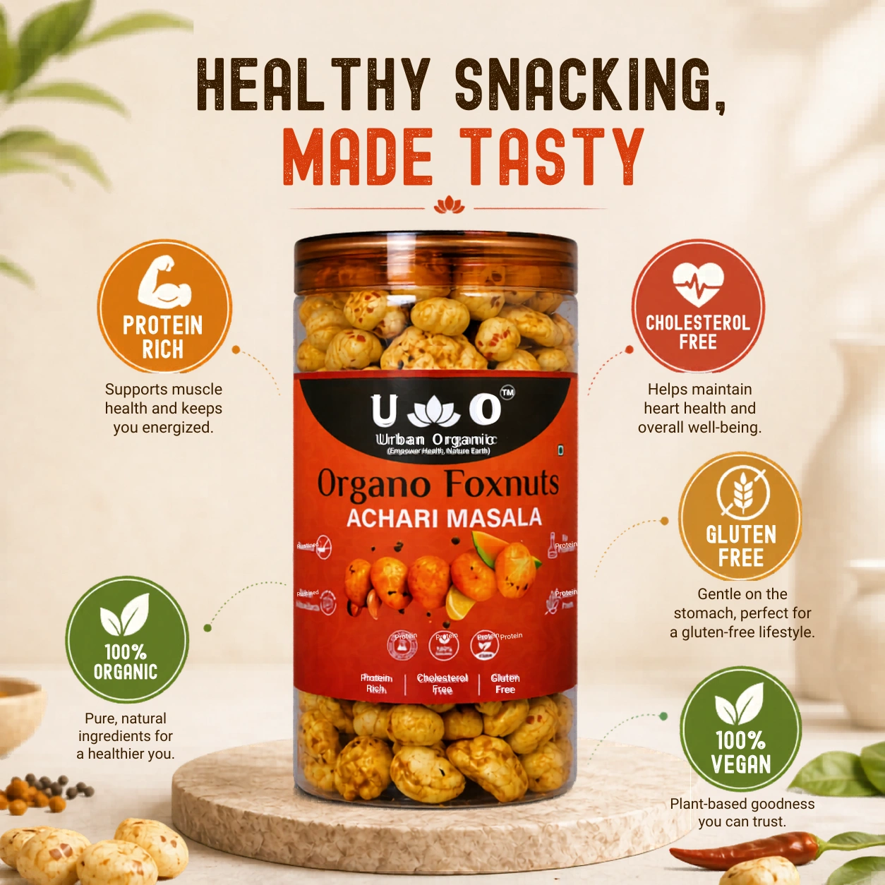 Organo Foxnuts Achari Masala Roasted Makhana 80g | Pickle Flavor Foxnuts | Healthy Masala Makhana Indian Snack | Low Calorie & Protein Rich | Gluten Free Snack India - Image 2