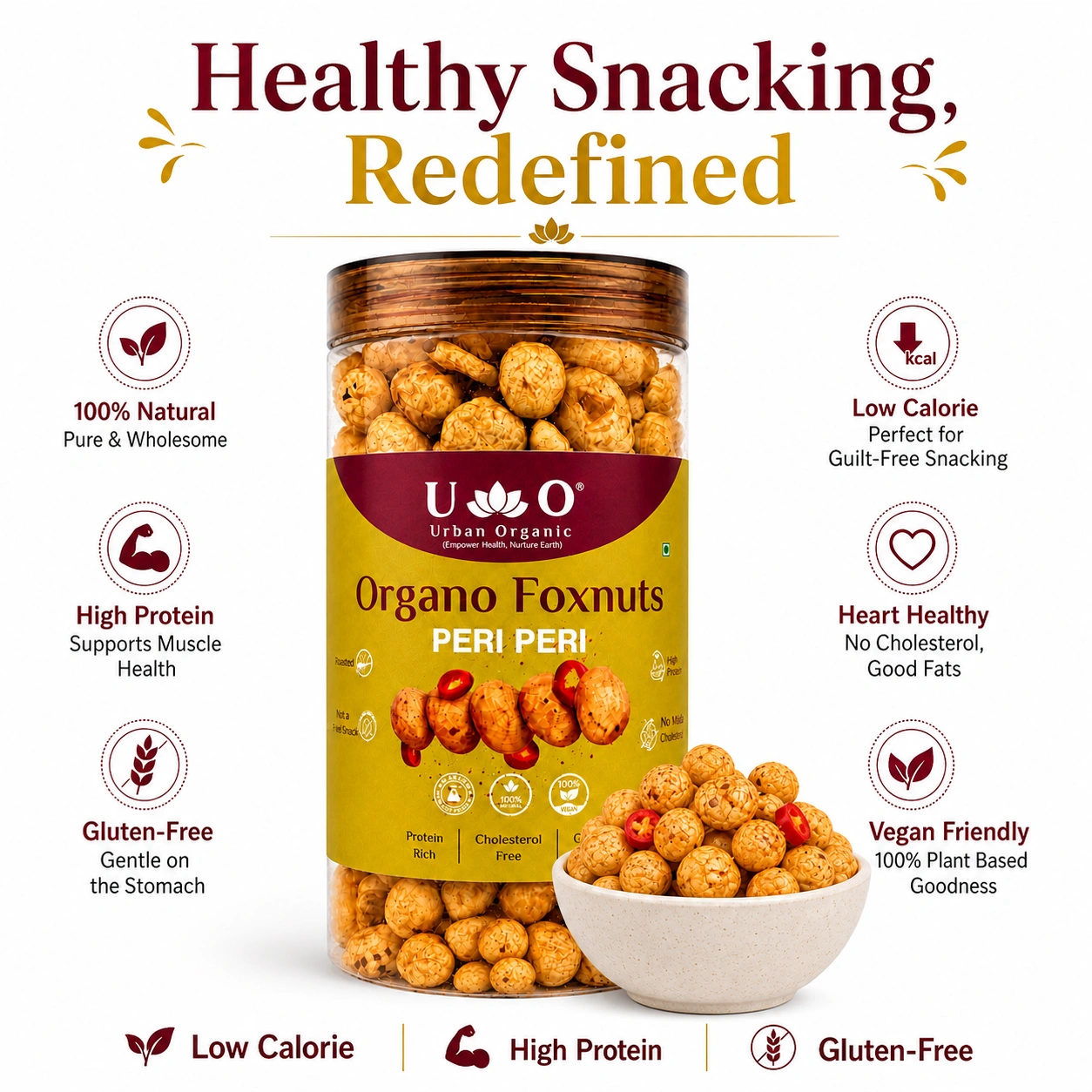 Urban Organic Peri Peri Foxnuts jar with health benefits like high protein, low calorie, and gluten-free