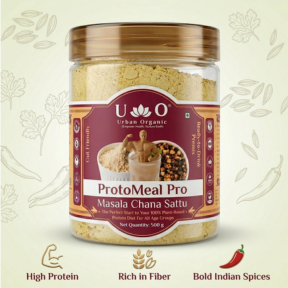 Urban Organic Masala Chana Sattu highlighting its high protein, rich fiber, and bold Indian spices