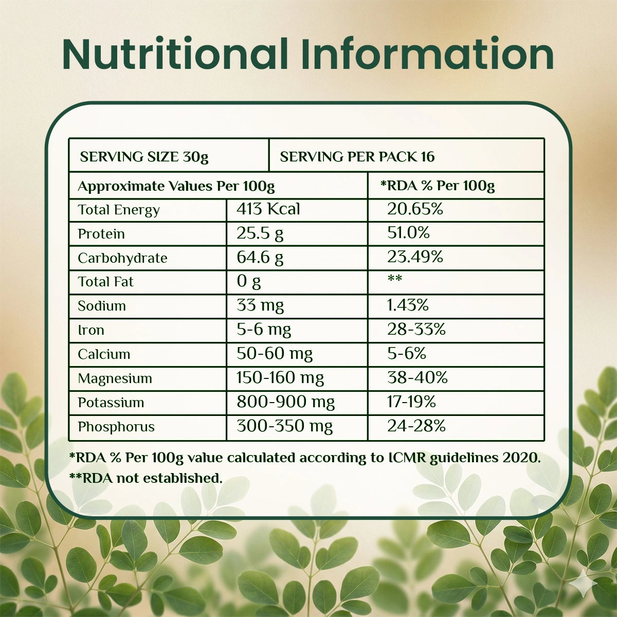Nutritional information table for Urban Organic Moringa Masala Sattu highlighting 25.5g of protein