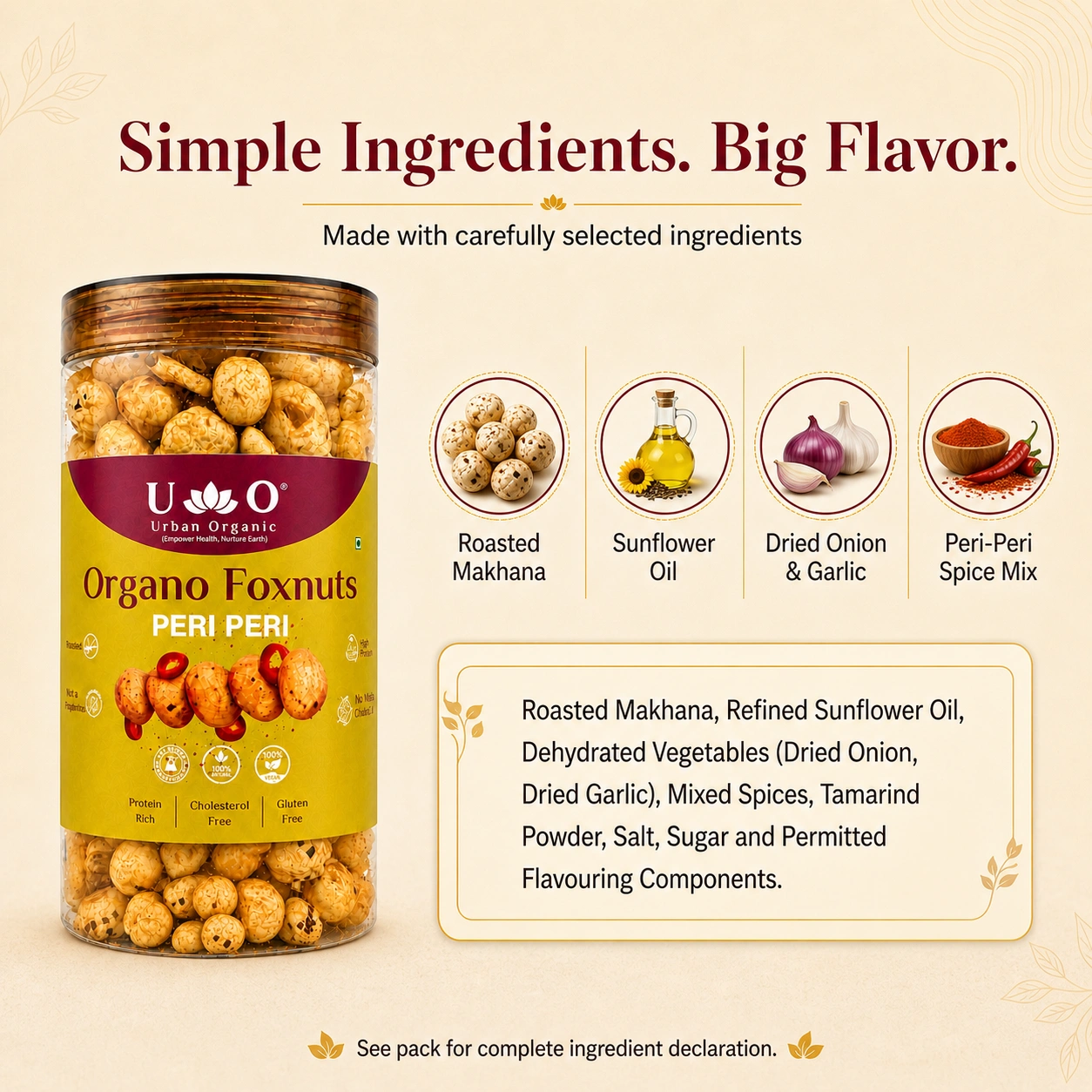 Ingredients of Urban Organic Peri Peri Makhana including roasted lotus seeds, sunflower oil, and peri-peri spice mix