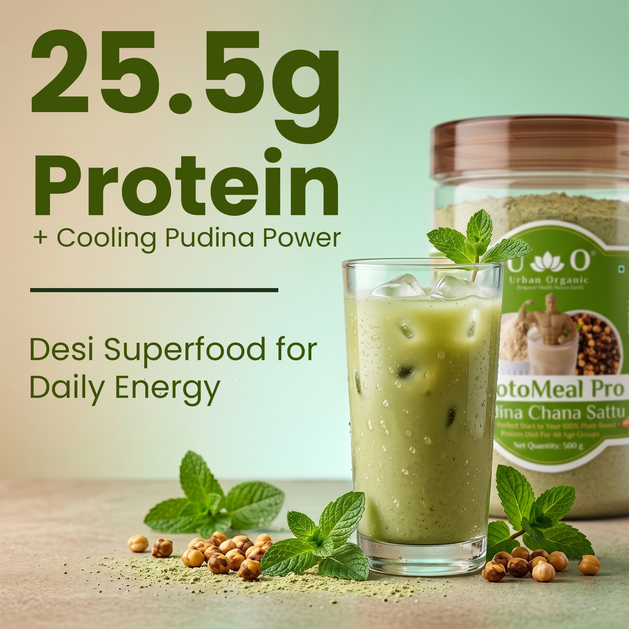 Iced glass of Urban Organic Pudina Chana Sattu highlighting 25.5g of protein and cooling mint flavor