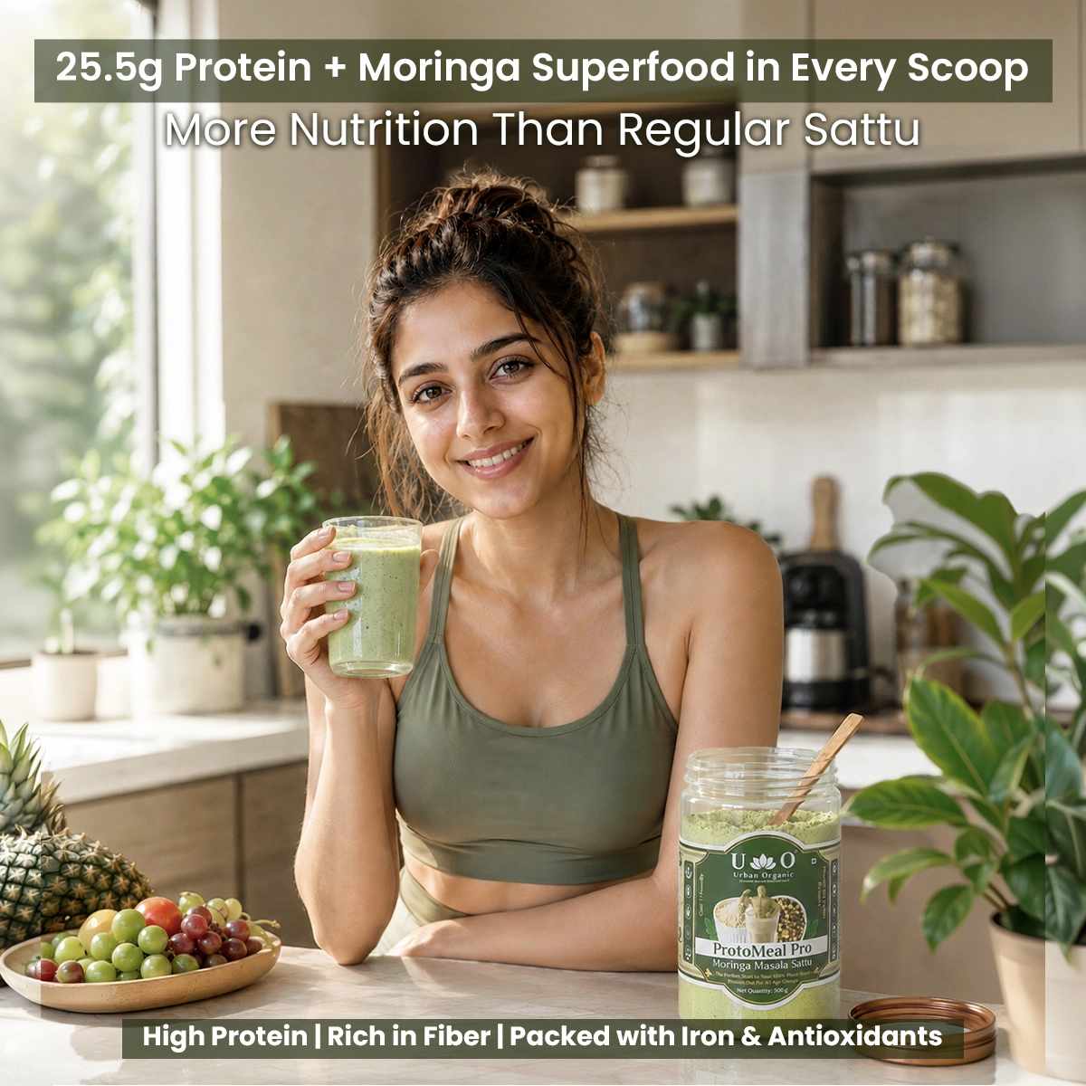 Fit woman drinking Urban Organic Moringa Masala Sattu for a high protein and antioxidant boost
