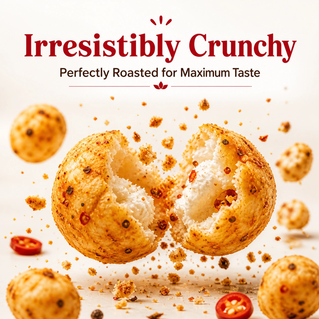 Close up of a crunchy Urban Organic Peri Peri roasted makhana bursting with spicy flavor