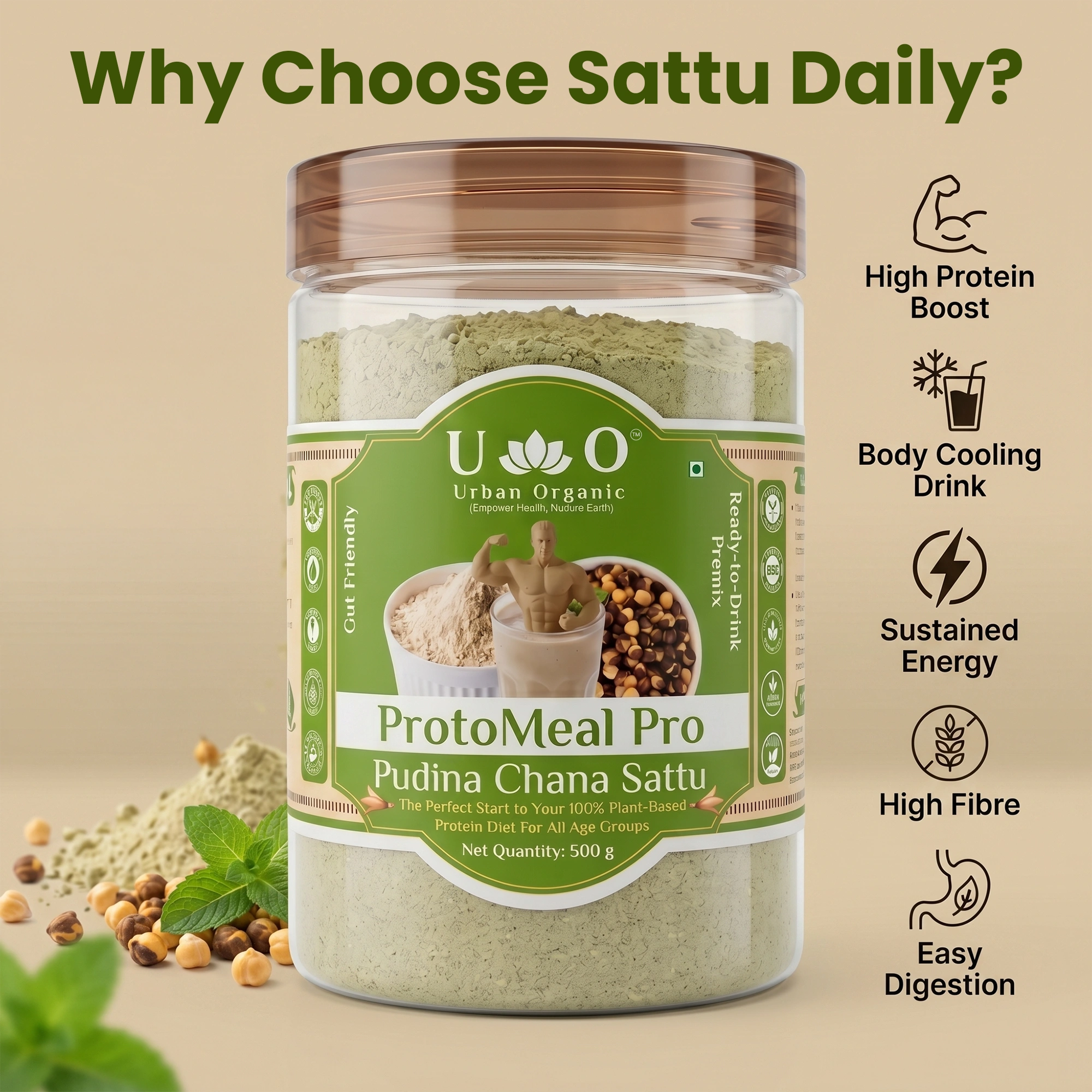 Urban Organic Pudina Chana Sattu jar highlighting benefits like high protein, sustained energy, and easy digestion