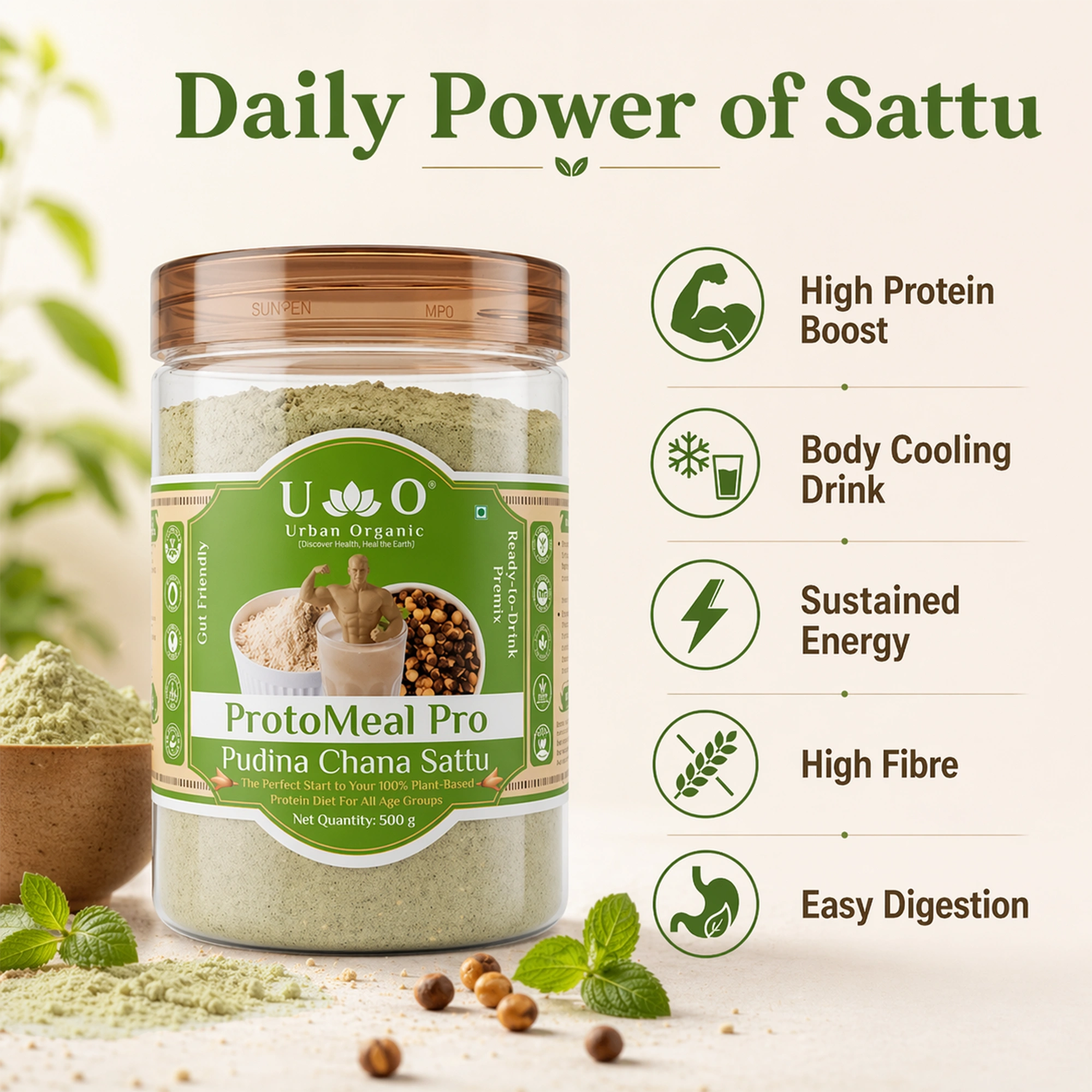 Urban Organic Pudina Chana Sattu highlighting daily benefits like body cooling, high fiber, and sustained energy