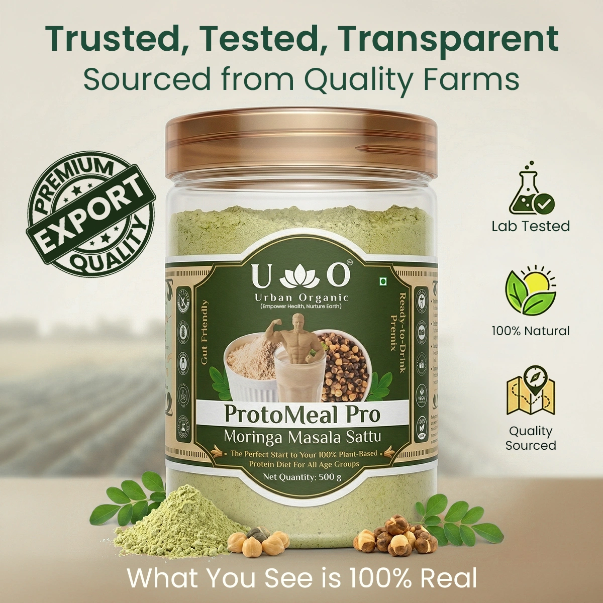 Urban Organic Moringa Masala Sattu highlighting premium export quality and lab-tested natural ingredients
