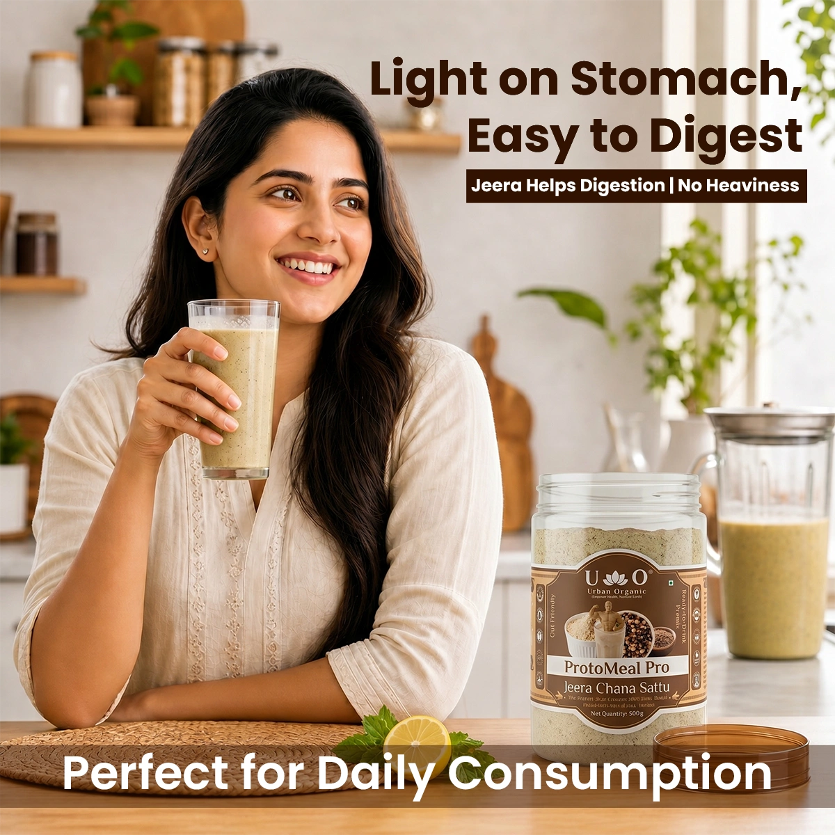 Woman enjoying a light and easy to digest glass of Urban Organic Jeera Chana Sattu in her kitchen