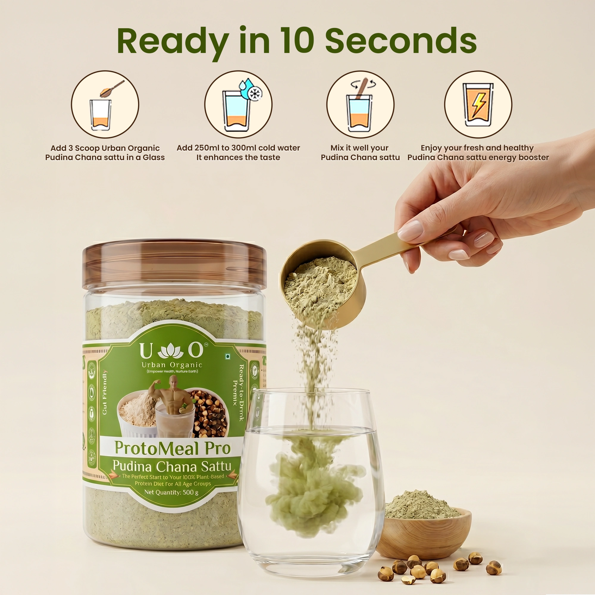 Step by step guide showing how to instantly prepare Urban Organic Pudina Chana Sattu in cold water