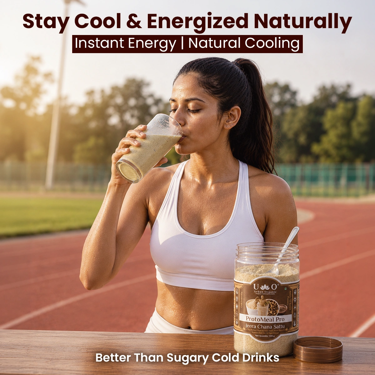 Athlete drinking Urban Organic Jeera Chana Sattu on a running track for natural cooling and instant energy