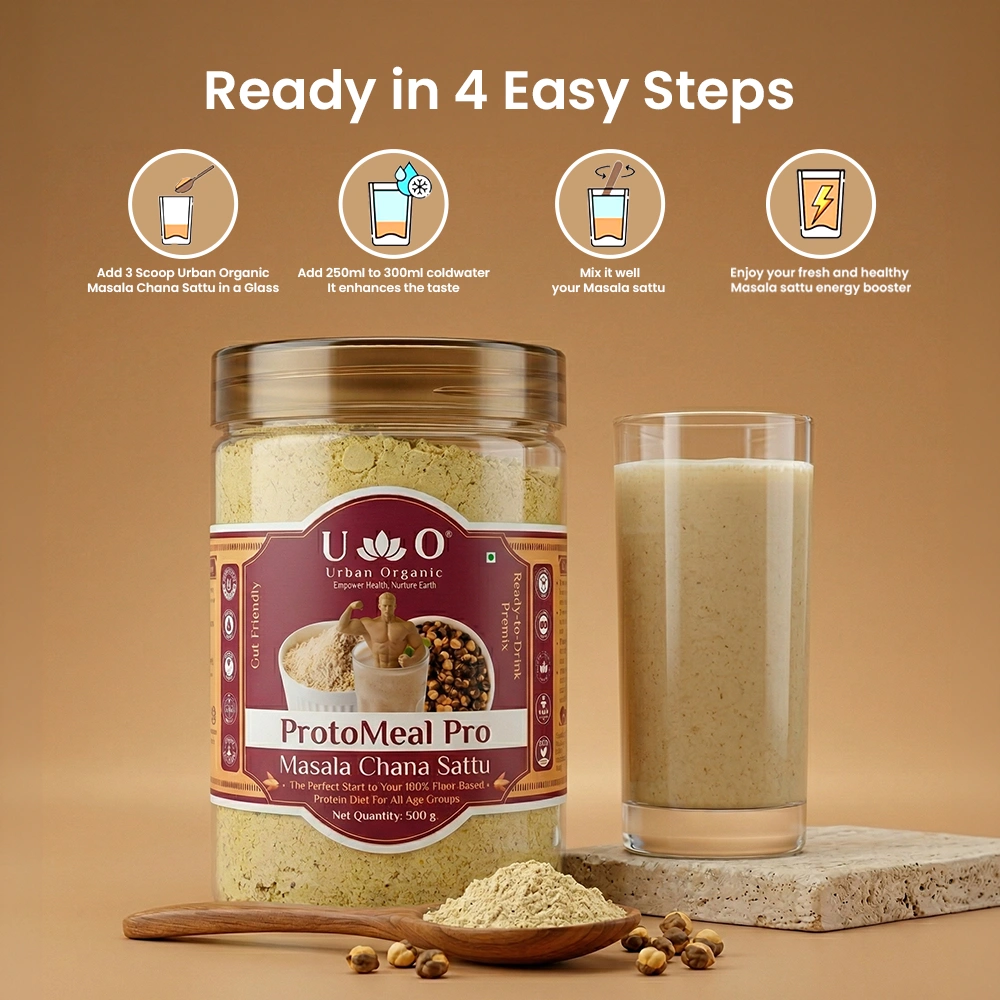 Four easy steps to prepare Urban Organic Masala Chana Sattu high protein energy drink