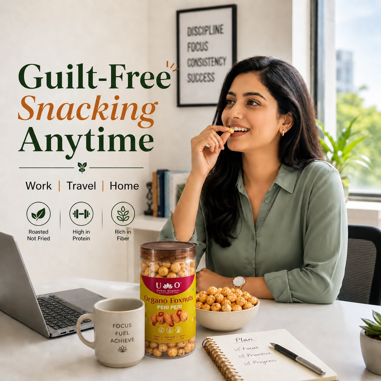 Woman enjoying Urban Organic Peri Peri Foxnuts at her desk for a healthy guilt-free work snack