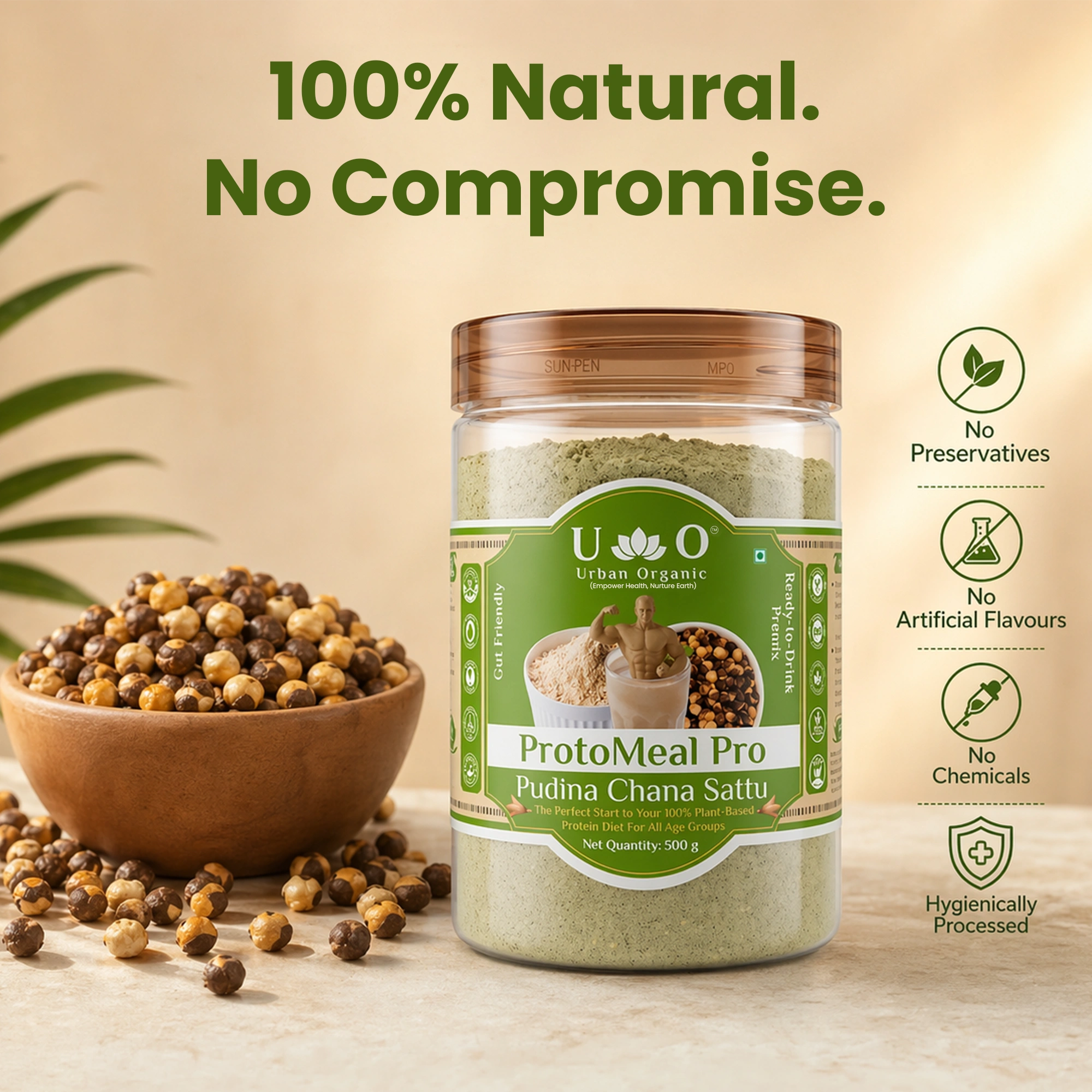 Urban Organic Pudina Chana Sattu highlighting 100 percent natural ingredients with no preservatives or chemicals