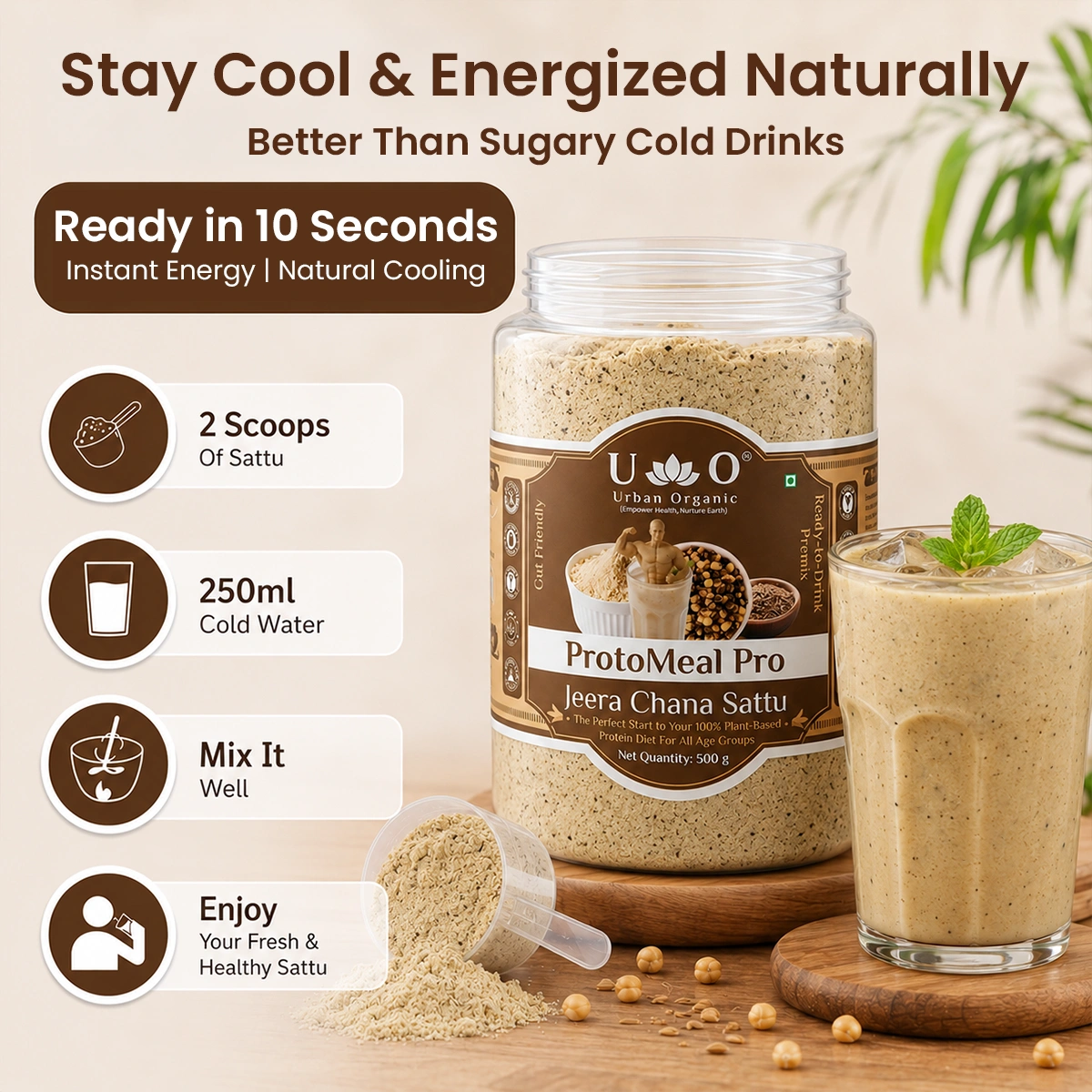 Infographic showing how to make Urban Organic Jeera Chana Sattu in 10 seconds for instant natural cooling