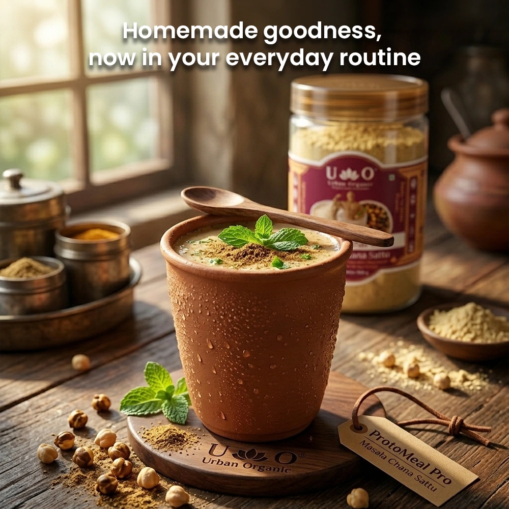 Urban Organic Masala Chana Sattu served in a traditional clay kulhad garnished with mint