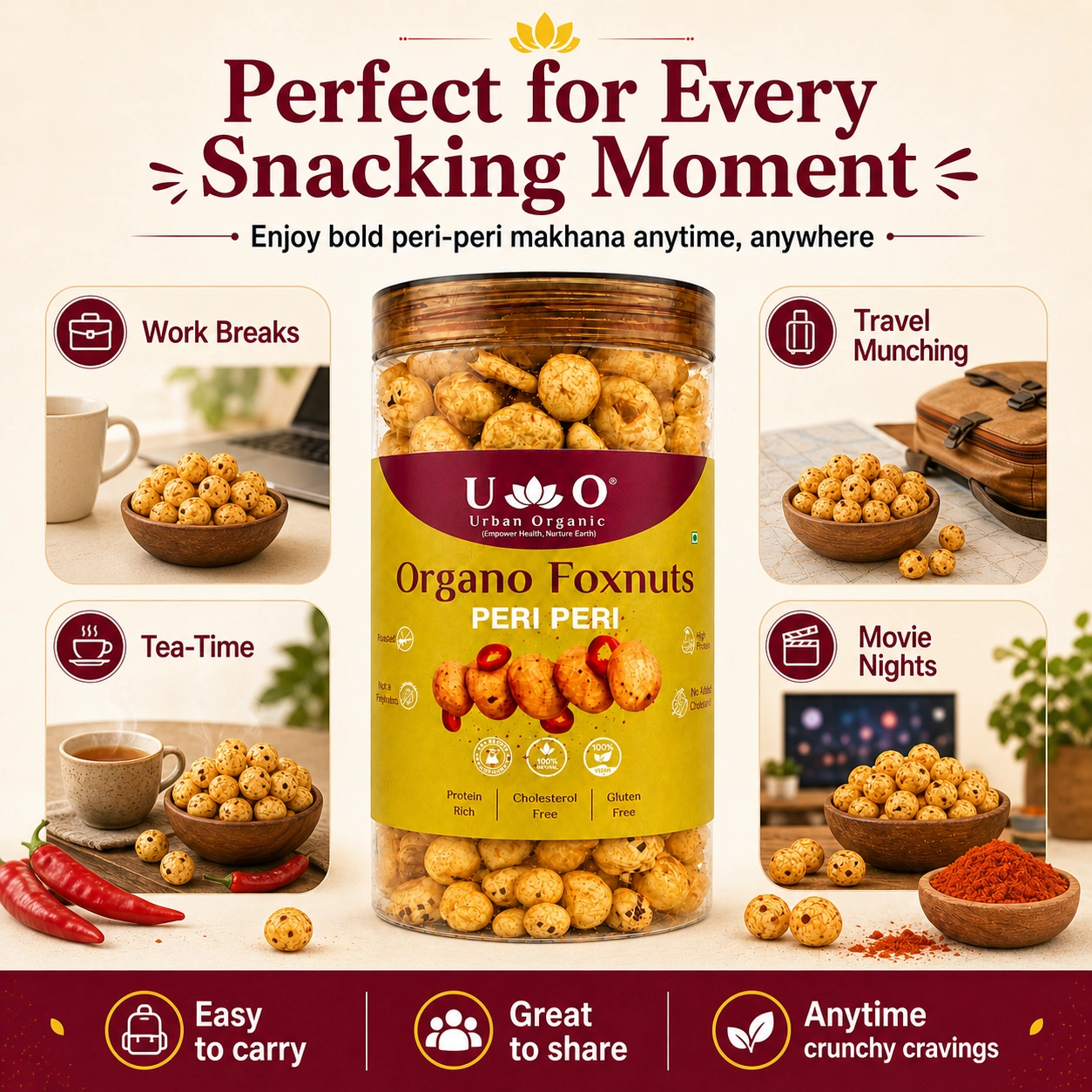 Urban Organic Peri Peri Makhana shown as the perfect snack for work breaks, travel, tea-time, and movie nights