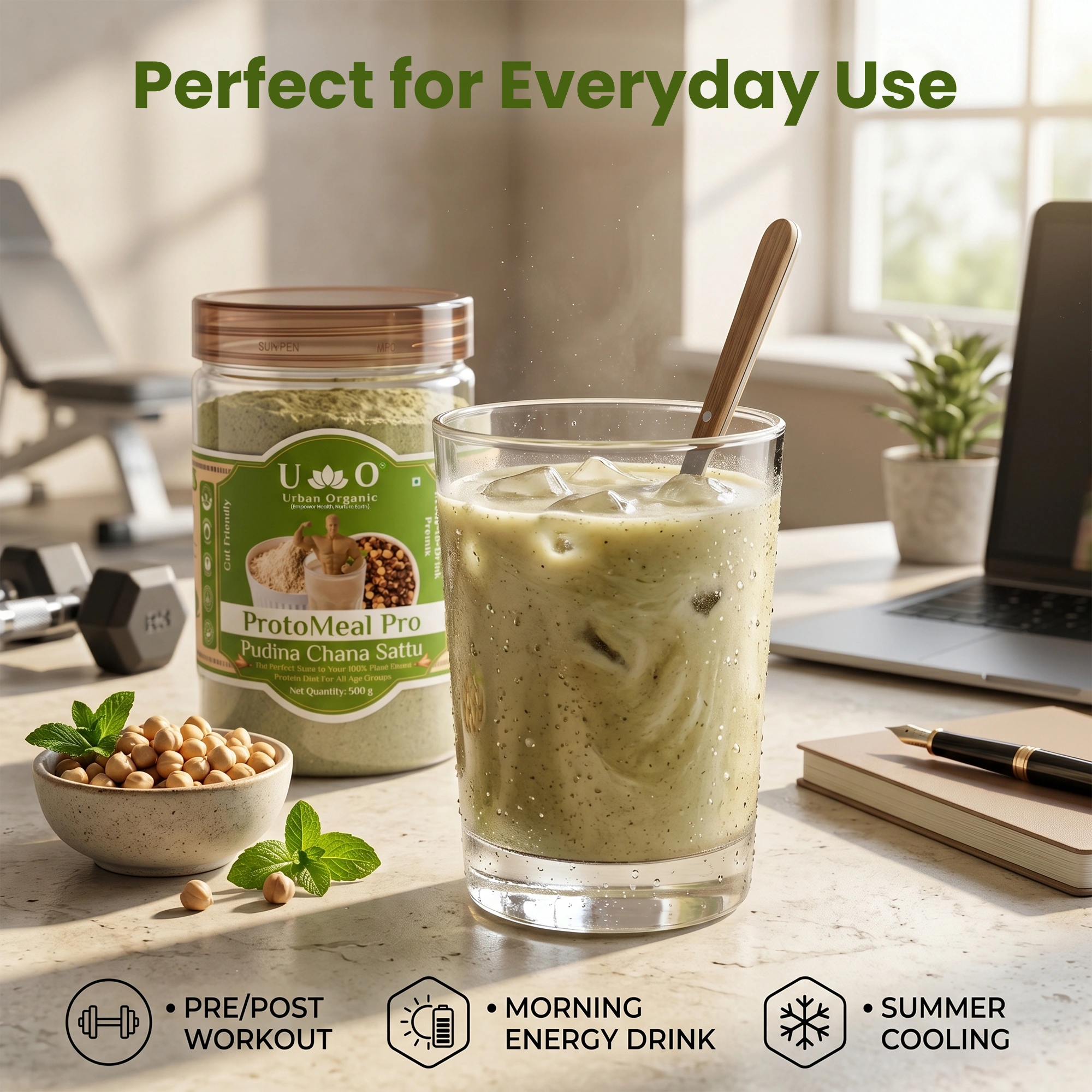 Glass of Urban Organic Pudina Chana Sattu on a desk representing an everyday pre-workout or morning energy drink