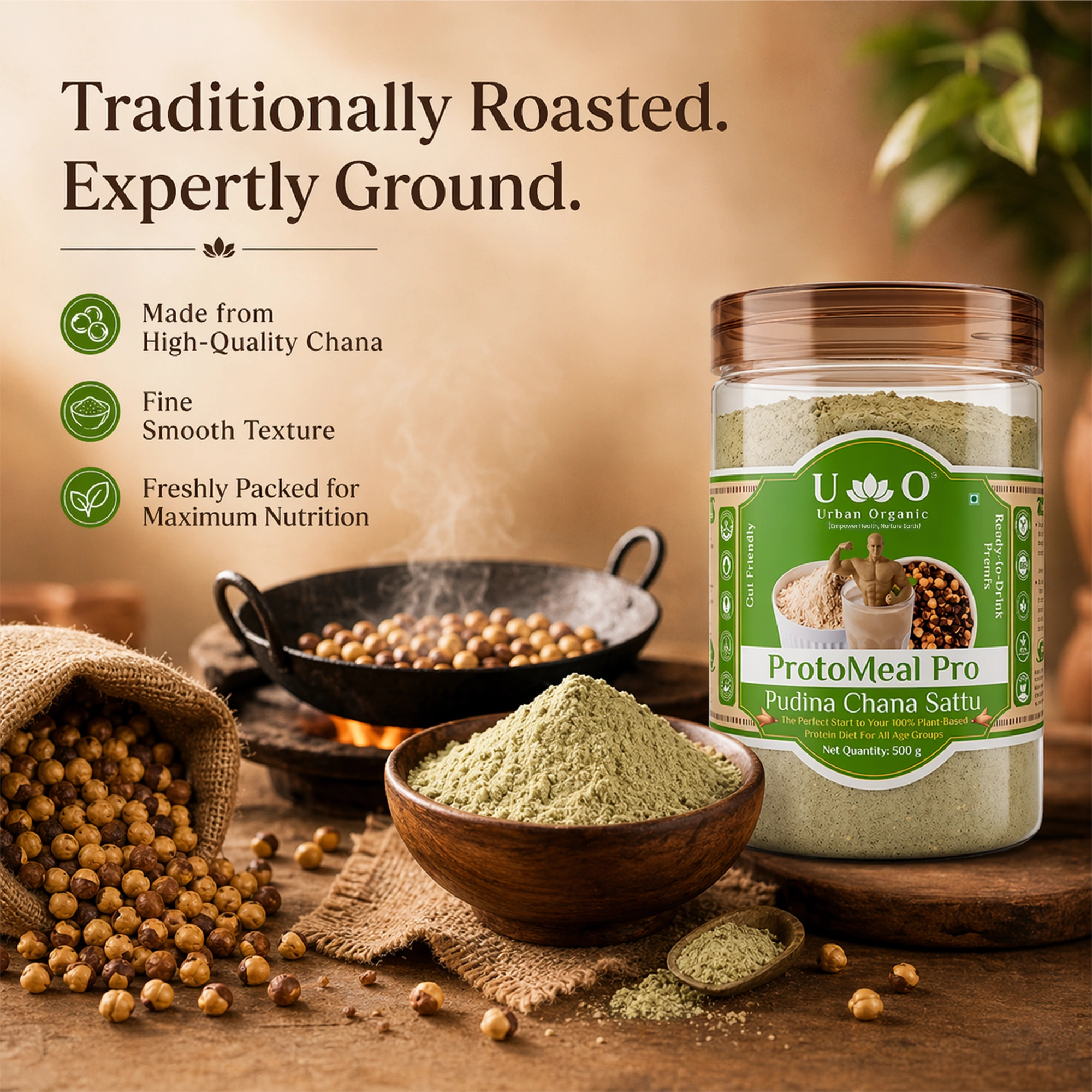 Traditional roasting process of high quality chana for Urban Organic Pudina Chana Sattu