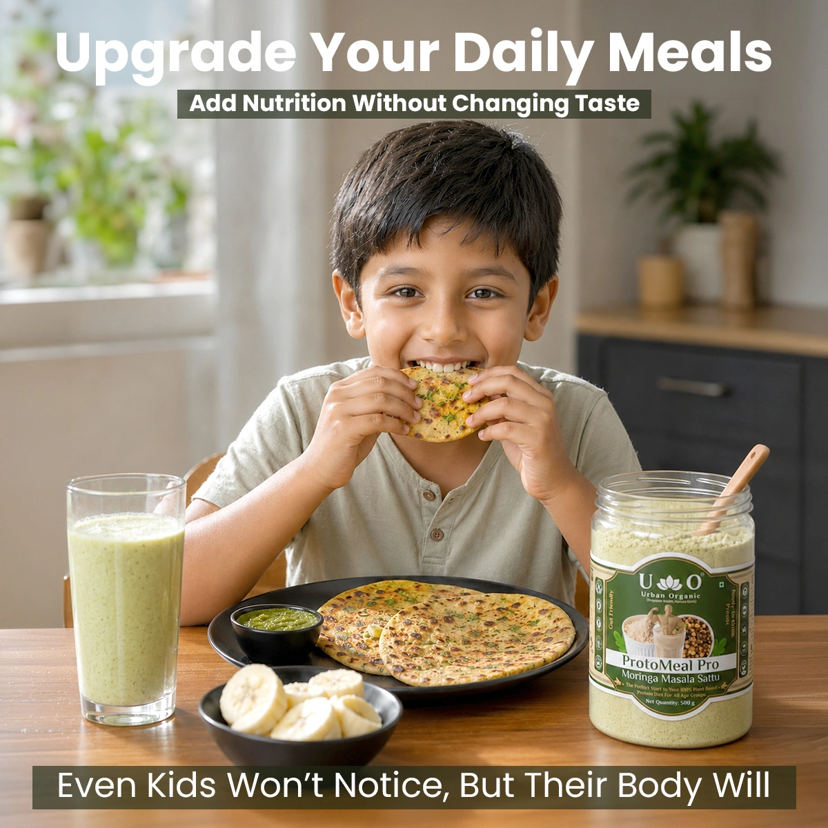 Young boy eating a healthy meal alongside a glass of Urban Organic Moringa Masala Sattu