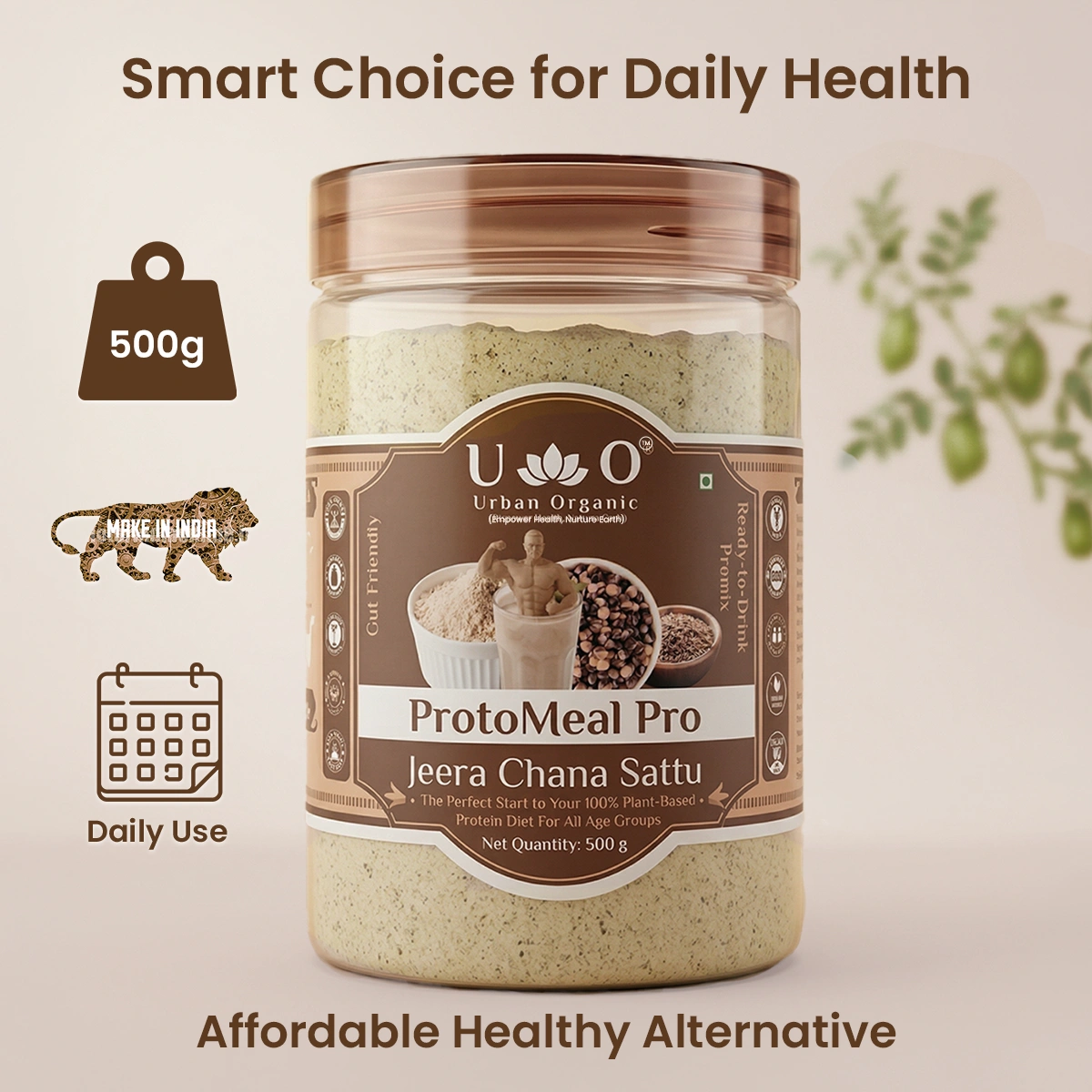 Urban Organic Jeera Chana Sattu 500g jar showing Make in India and daily use benefits