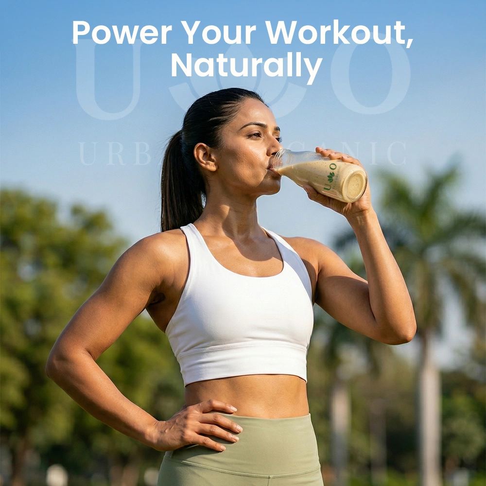 Athlete drinking Urban Organic Masala Chana Sattu outdoors for natural pre-workout energy
