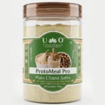 Urban Organic ProtoMeal Pro Plain Chana Sattu 500g jar on a white background