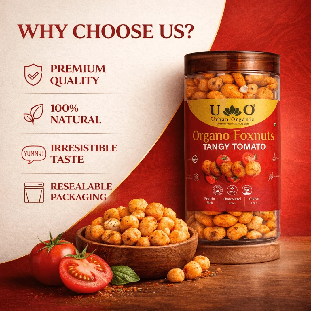 Organo Foxnuts Tangy Tomato 80g | Roasted Lotus Seeds Snack | Healthy Makhana Snack Jar | Gluten-Free, Low-Calorie, Protein-Rich Snack - Image 7