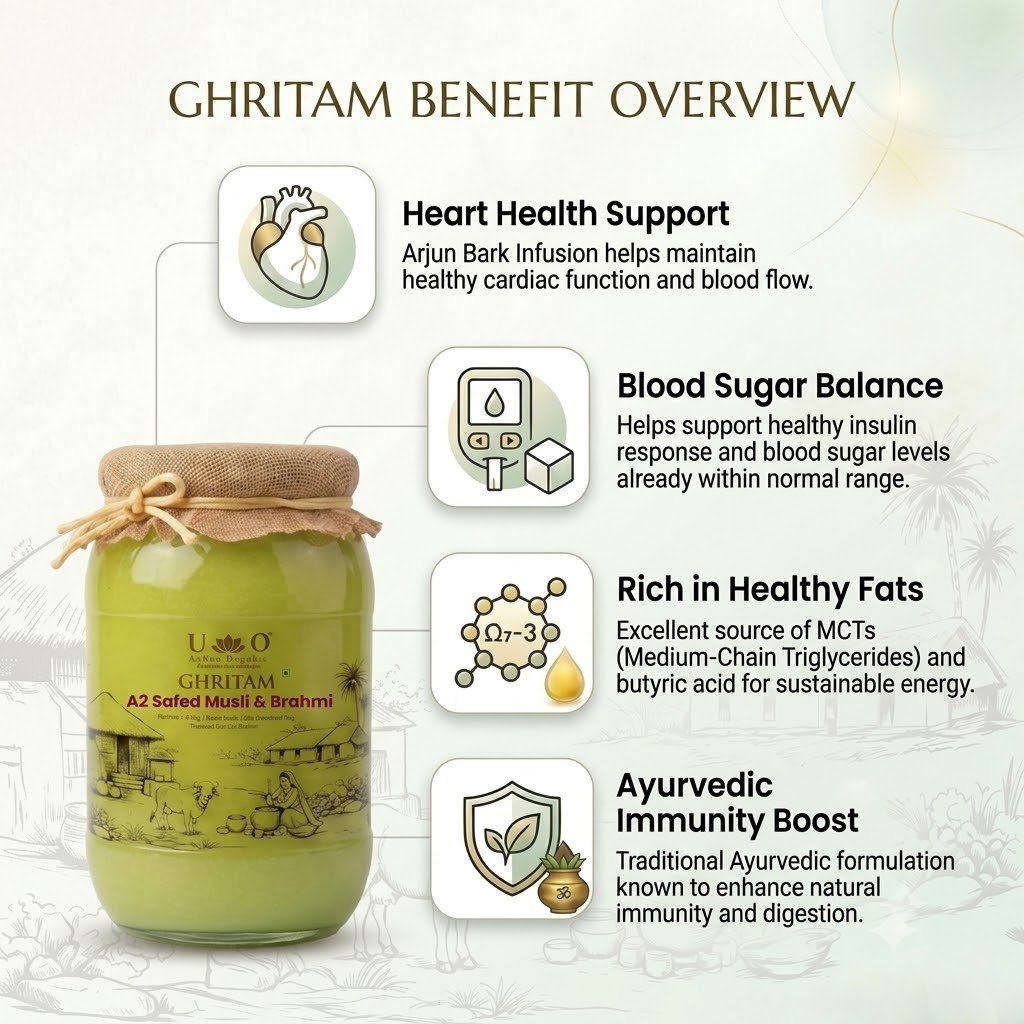 Urban Organic GHRITAM A2 Safed Musli & Brahmi Ghee | Bilona A2 Cow Ghee | Brain & Vitality Support | Herbal Infused Desi Ghee | 100% Pure, Farm Fresh - Image 5
