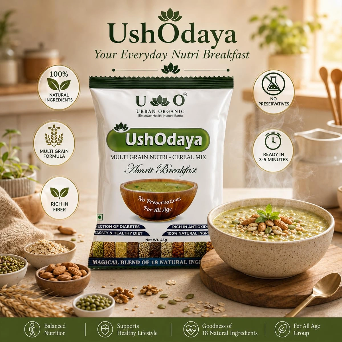 Urban Organic UshOdaya Multi Grain Nutri Cereal Mix sachet next to a prepared bowl of Amrit breakfast