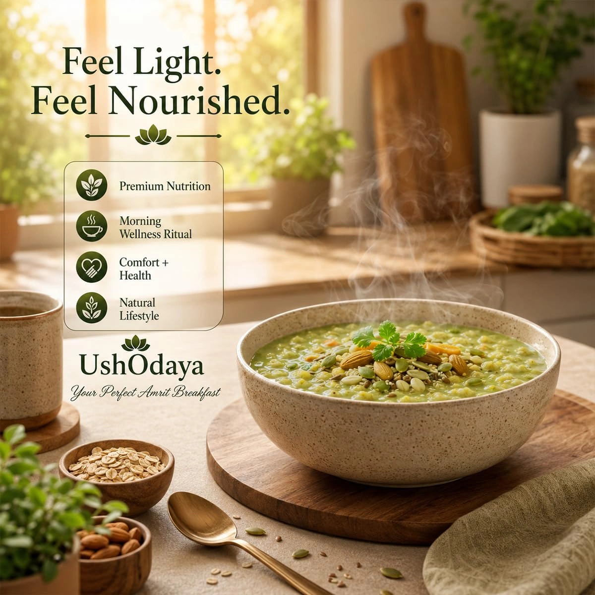 A steaming bowl of Urban Organic UshOdaya Amrit breakfast garnished with nuts and seeds