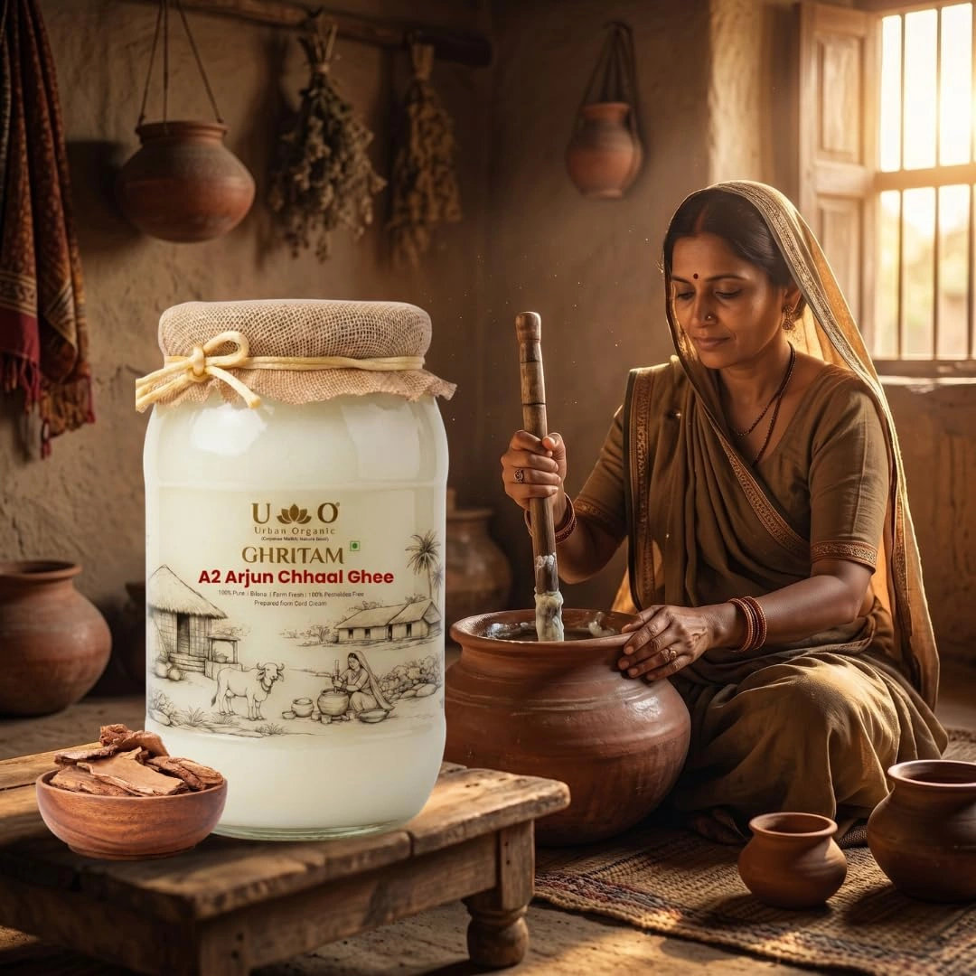 A bold health-focused infographic titled "A2 ARJUN CHHAAL GHEE HOLISTIC HEART & DIABETIC CARE". The center features a glowing 3D illustration of a human heart surrounded by swirling magical energy and pieces of Arjun bark. Text callouts detail its benefits: "Strengthens cardiac muscles", "Supports circulation", "Maintains healthy sugar levels", and "Regulates metabolism". The product jar is positioned on the bottom right above the tagline "PREMIUM AYURVEDIC WELLNESS".