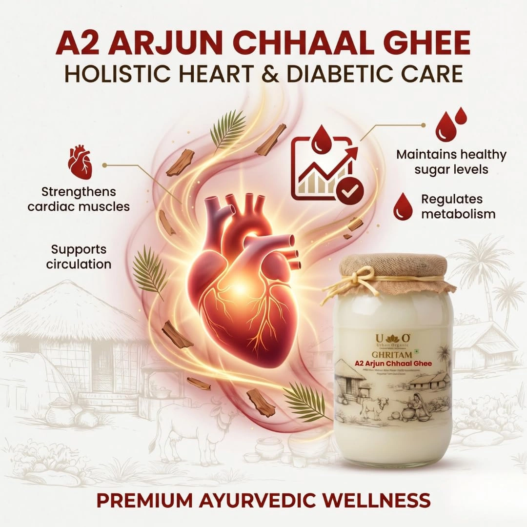 Infographic showing a glowing heart and the cardiovascular and diabetic care benefits of A2 Arjun Chhaal Ghee