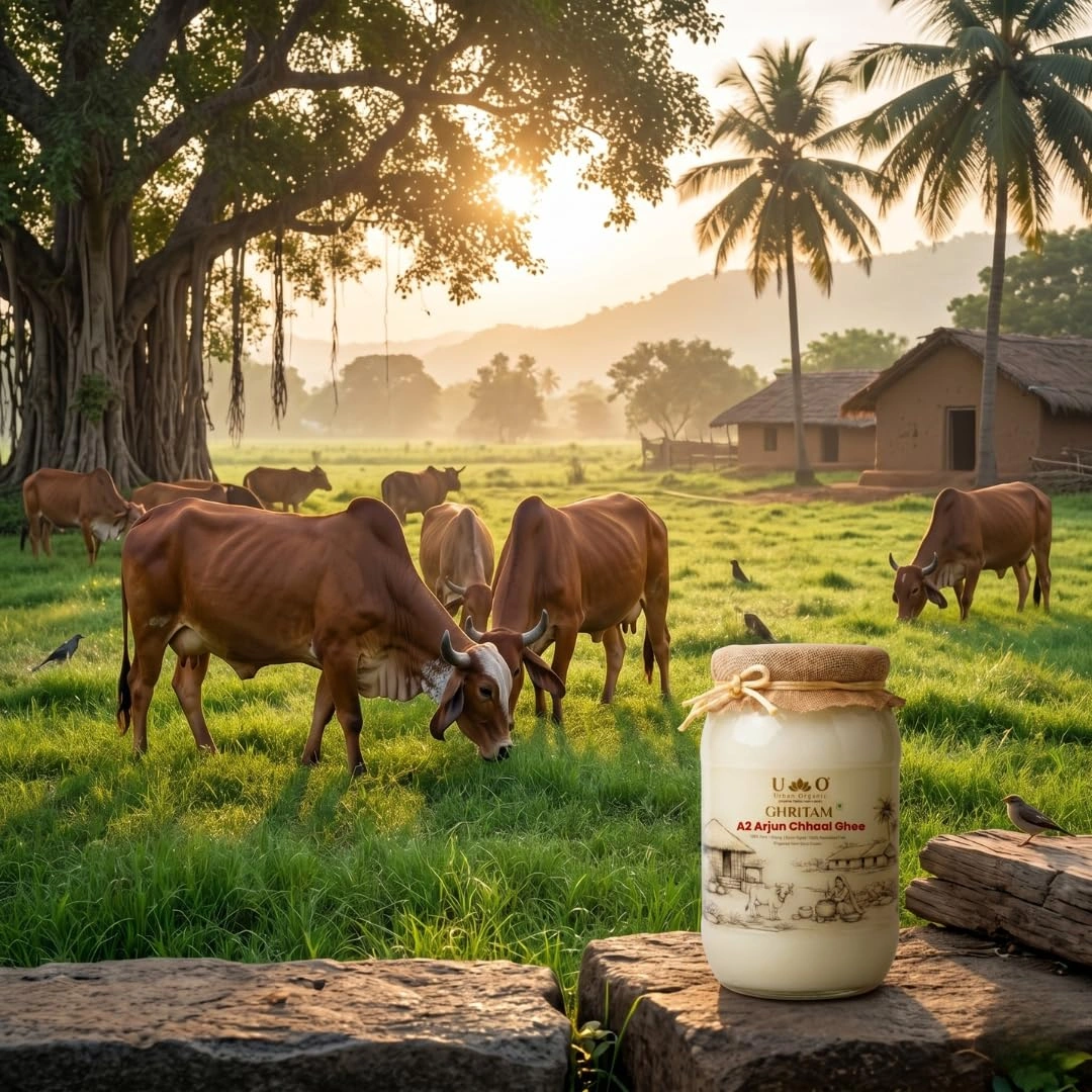 Urban Organic A2 Arjun Chhaal Ghee jar resting on a stone wall overlooking brown cows grazing in a sunny green pasture