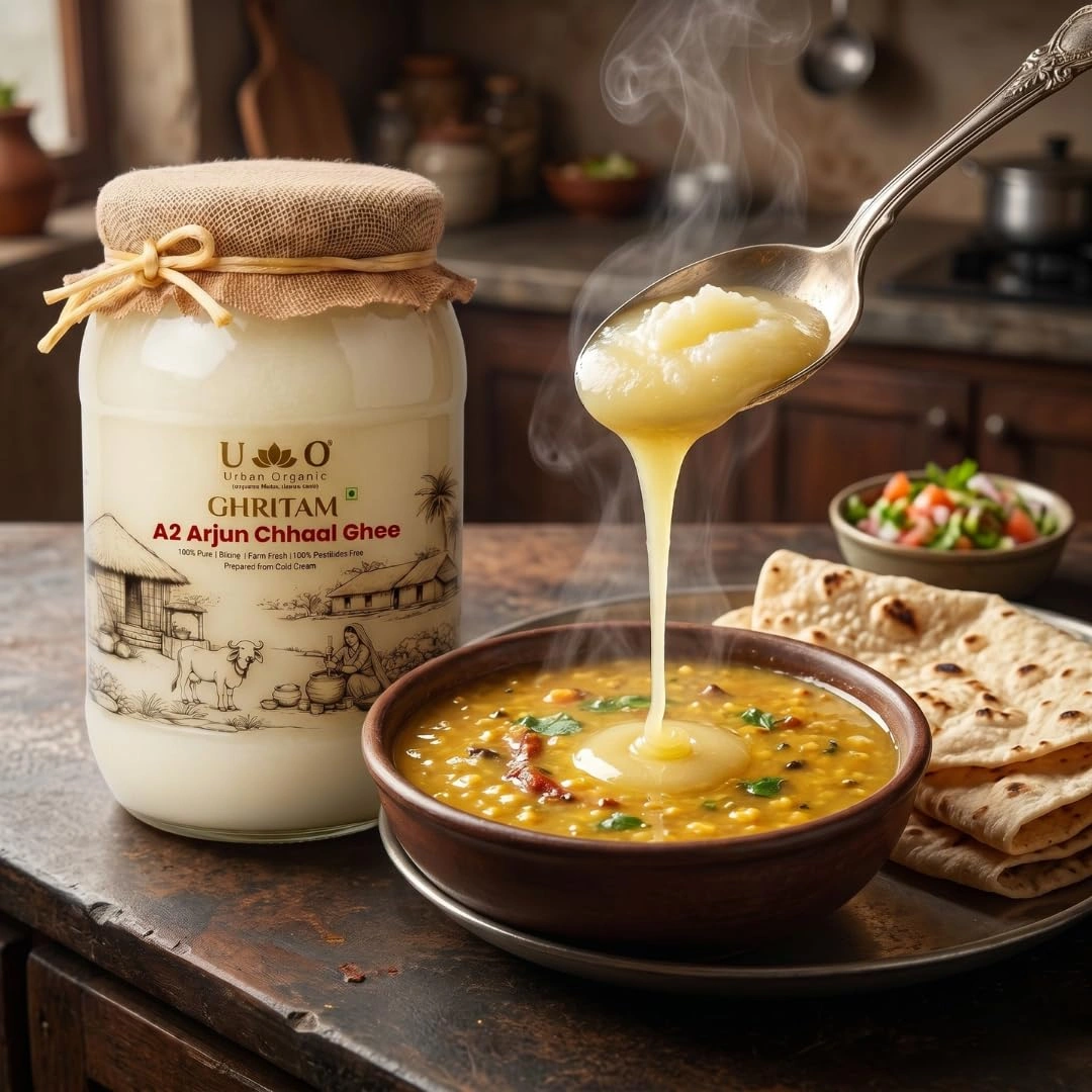 A spoonful of melted Urban Organic A2 Arjun Chhaal Ghee pouring into a hot bowl of dal with roti