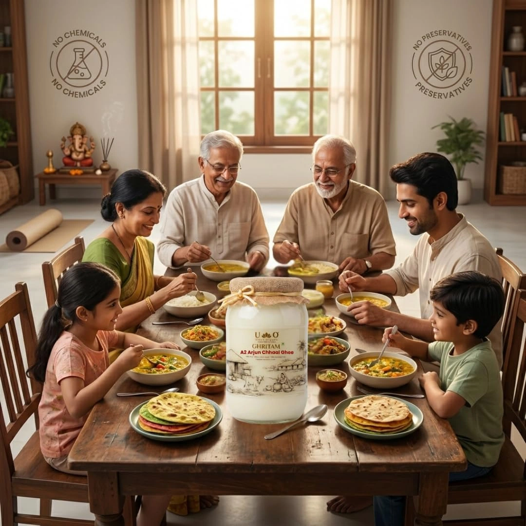 A multi-generational family happily eating a meal together with a jar of Urban Organic A2 Arjun Chhaal Ghee in the center