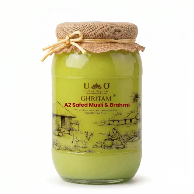 Urban Organic GHRITAM A2 Safed Musli & Brahmi Ghee | Bilona A2 Cow Ghee | Brain & Vitality Support | Herbal Infused Desi Ghee | 100% Pure, Farm Fresh