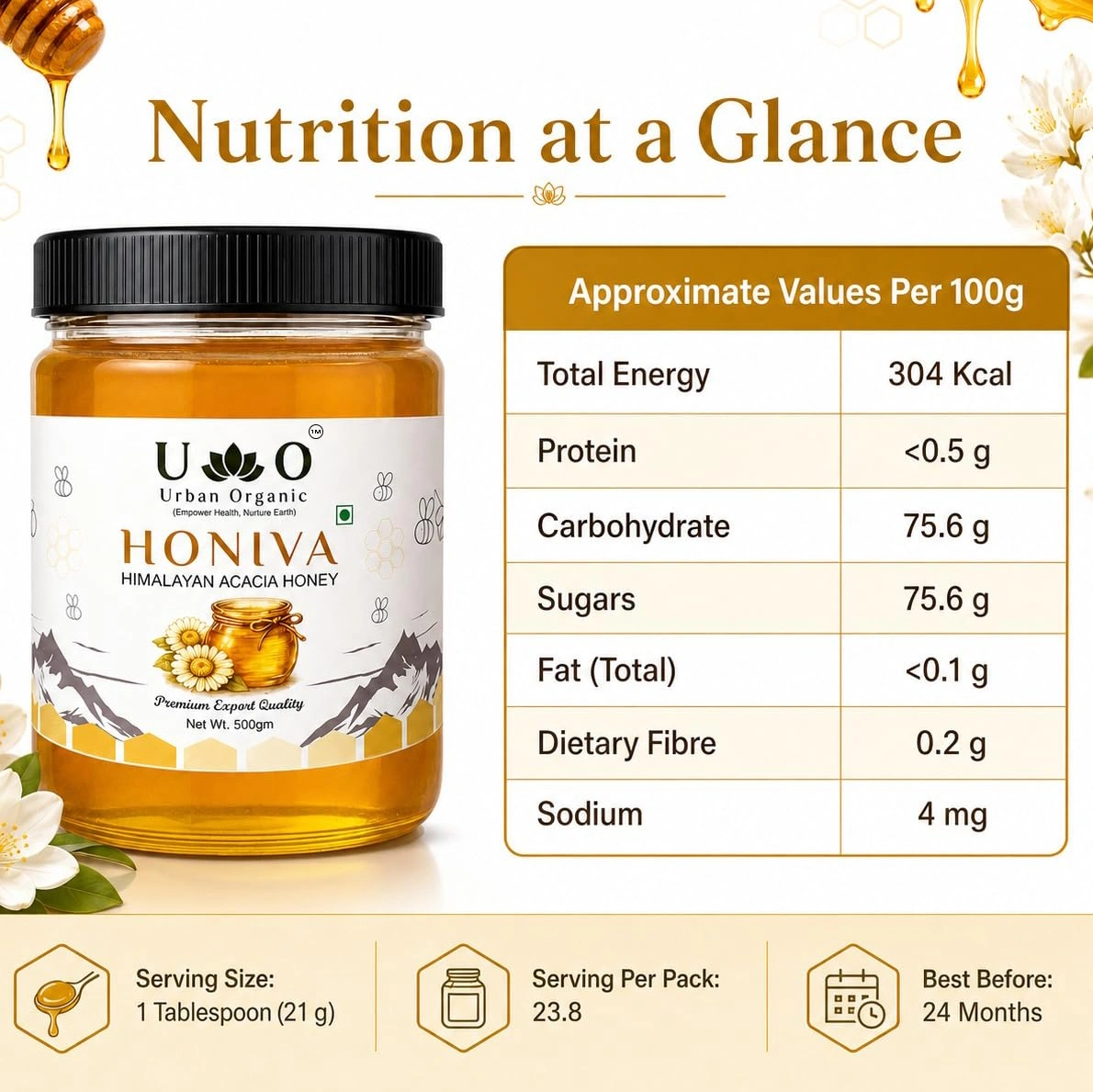 Urban Organic HONIVA Himalayan Acacia Honey 500g | 100% Pure Raw Honey | No Added Sugar, Rich in Antioxidants | Natural Sweetener for Daily Health & Immunity - Image 8