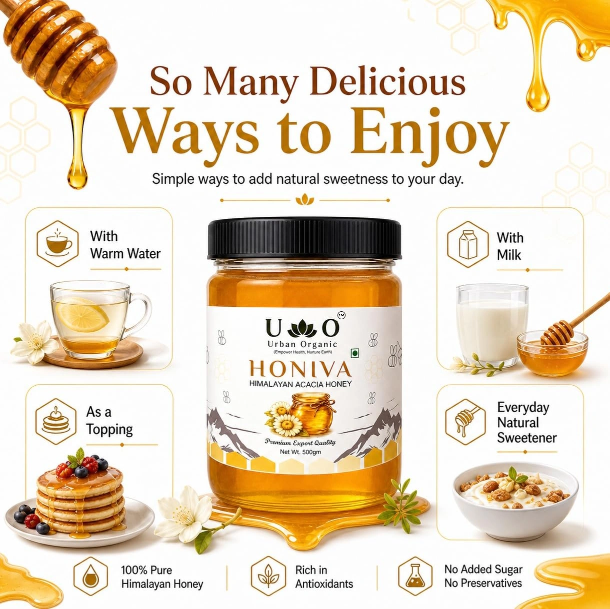 Urban Organic HONIVA Himalayan Acacia Honey 500g | 100% Pure Raw Honey | No Added Sugar, Rich in Antioxidants | Natural Sweetener for Daily Health & Immunity - Image 6